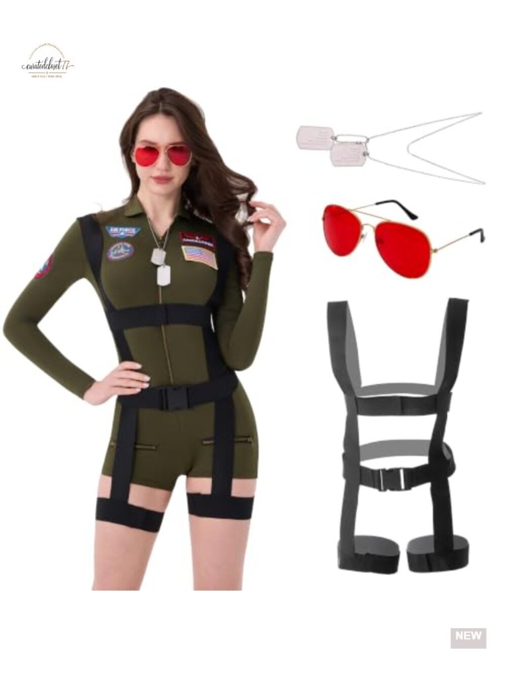 4 Piece Women's Pilot Costume Military Aviator Romper Harness & Accessories